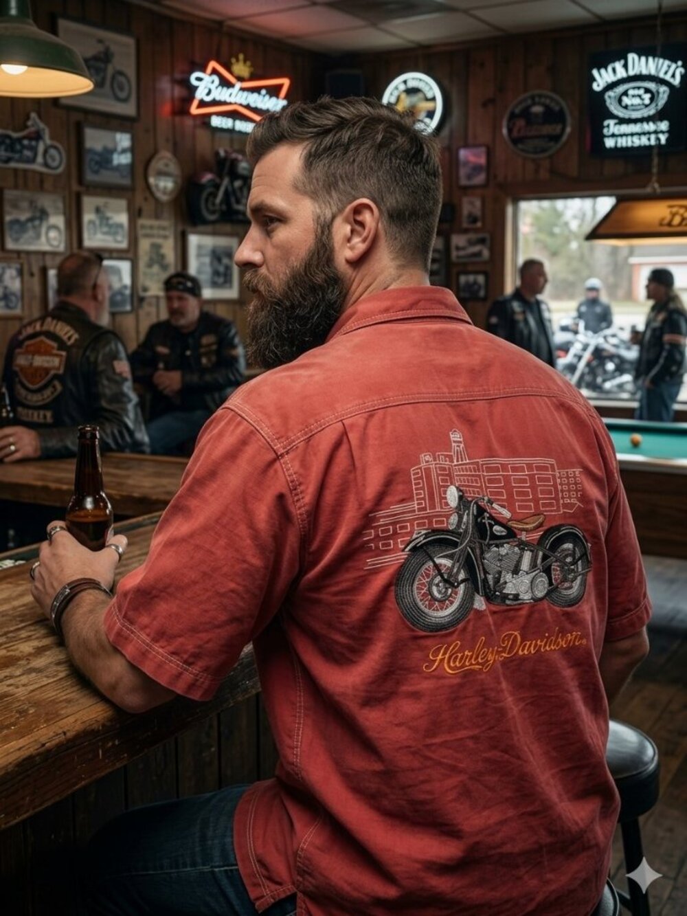 Harley Davidson Embroidered Motorcycle Hawaiian Shirt Mens 2XL Silk Maroon Red